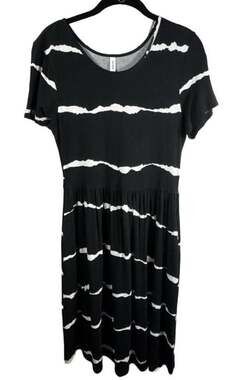 DB Moon Women Black Stripe Casual Short Sleeve Empire Waist Dress Size M